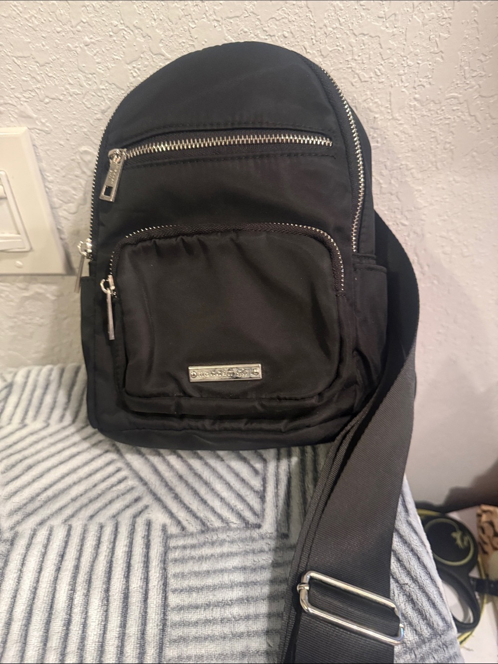 Madden Girl Black Crossbody Sling Bag with Silver Hardware